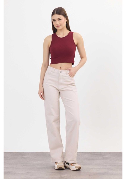 11104 Likralı Bol Paça Pantolon Bej