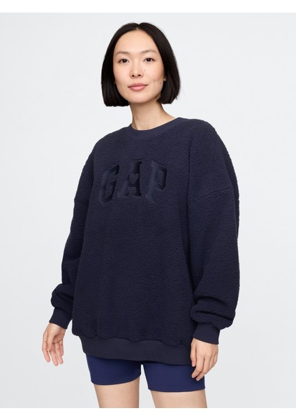 Kadın Lacivert Gap Logo Oversize Sherpa Heart Sweatshirt