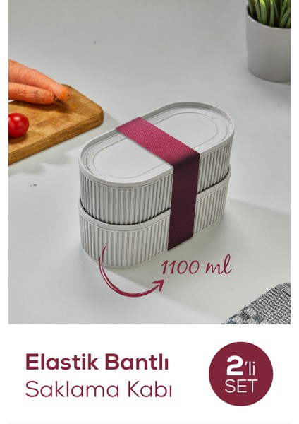 2 Adet Elastik Bantlı Istiflenebilir Pratik Saklama Kabı Seti 2X(1100 Ml) Gri