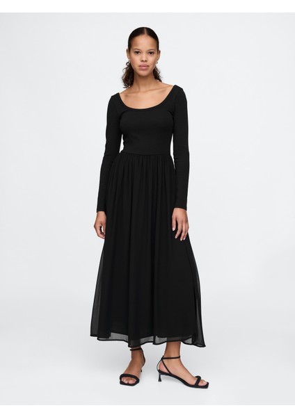 Kadın Siyah Tül Detaylı Midi Elbise