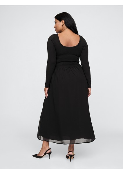 Kadın Siyah Tül Detaylı Midi Elbise modelleri