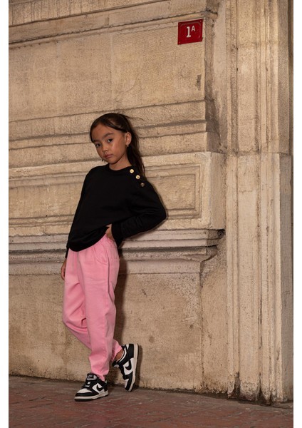 2'li Omuz Düğmeli Bel Fırfırlı Pembe Gabardin Pantolon Takım