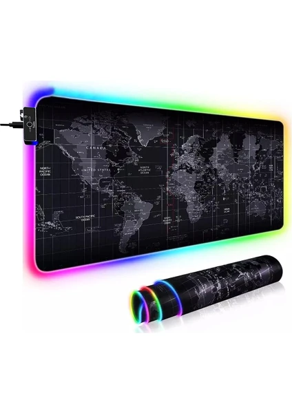 Büyük Oyuncu RGB Mousepad Harita Desenli 80x30 cm