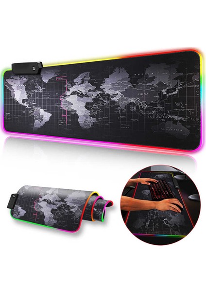 Büyük Oyuncu RGB Mousepad Harita Desenli 80x30 cm