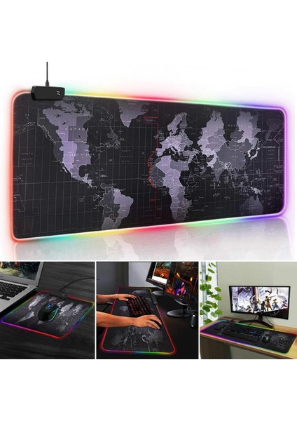 Büyük Oyuncu RGB Mousepad Harita Desenli 80x30 cm