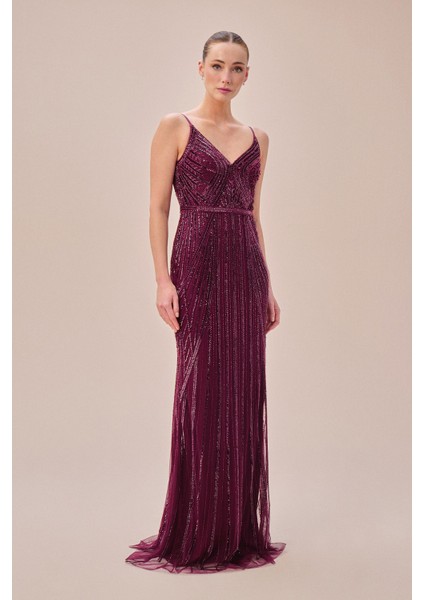 Bordo Ince Askılı Payet Işlemeli Uzun Abiye Elbise 4XLWGIN3529D