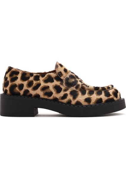 Kadın Kahverengi Leopar Desenli Deri Maskülen Loafer 24WFD1401W2