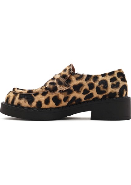 Kadın Kahverengi Leopar Desenli Deri Maskülen Loafer 24WFD1401W2