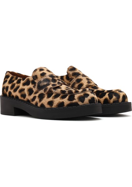 Kadın Kahverengi Leopar Desenli Deri Maskülen Loafer 24WFD1401W2