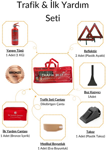 Trafik ve Ilk Yardım Seti - Muayene Uyumlu 1 kg Araç Yangın Tüpü - 2 Adet Reflektör - Bronze Pack