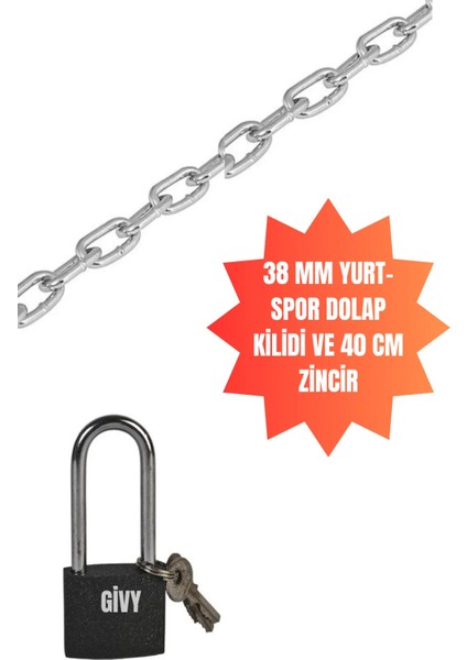 38 mm Gri Uzun Asma Yurt Kilit (Dolap Kilidi) 40 cm Zincirli