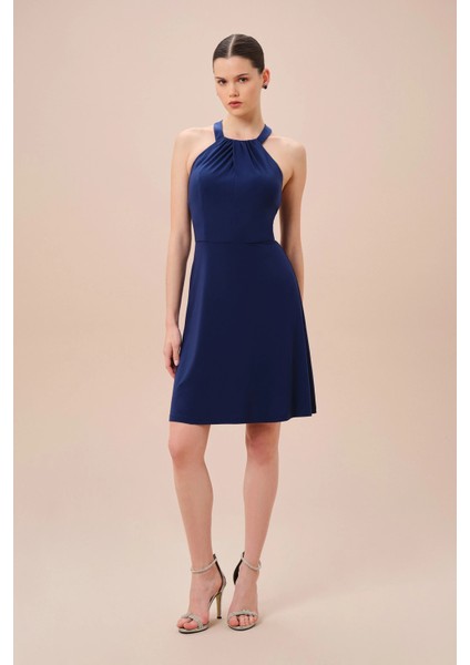 Lacivert Halter Yaka Krep Kumaş Mini Abiye Elbise WBM3810V1