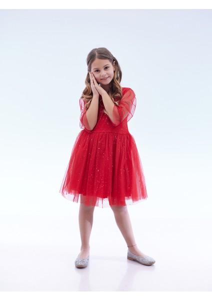 Kız Çocuk Yıldız Baskılı Trend Tül Elbise AK2246