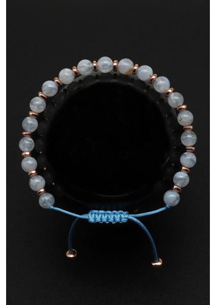 Mavi Kalsedon Doğal Taş Makrome Örme Bileklik Küre Kesim