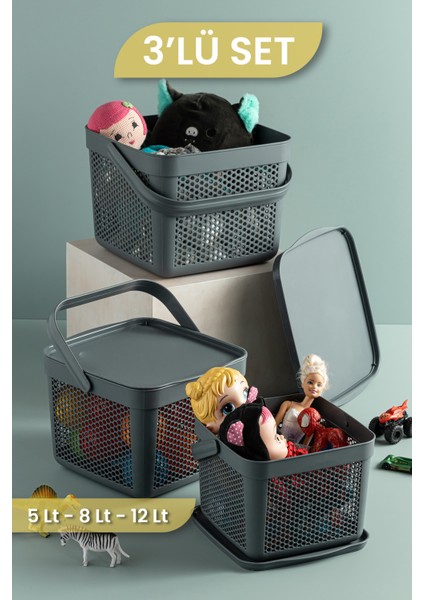 3'lü Set Oyuncak Saklama Kutusu - Bebek Çocuk Odası Düzenleyici - Kapaklı Çok Amaçlı Organizer