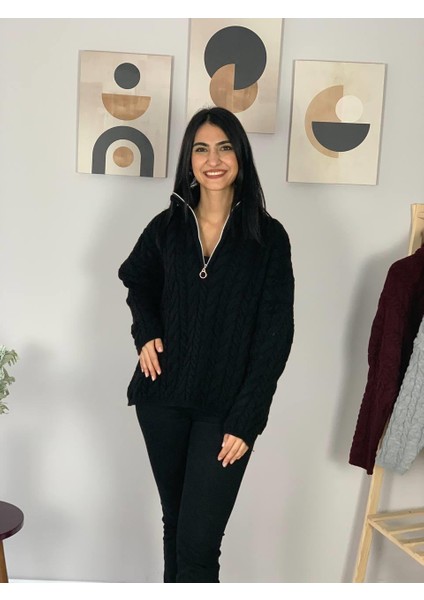 Oversize Geniş Kalıp Yarım Fermuarlı Dik Yaka Saç Örgülü Triko Kazak (Siyah)