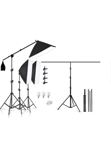 Ürün Reklam Stüdyo Video Fotograf 3X40W LED Ampüllü Sürekli Işık Seti + 200 x 200 cm Arka Plan Fon Tutucu