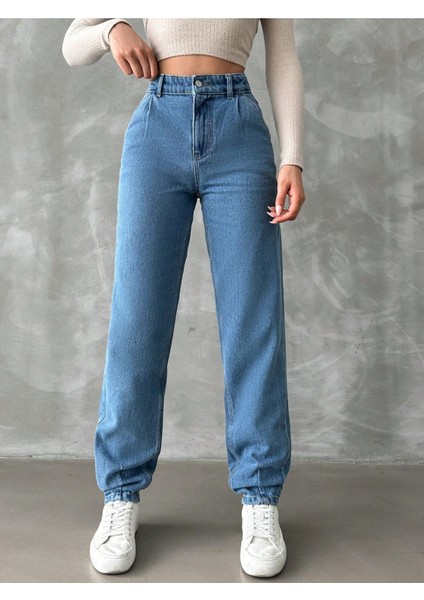Denim Mom Jean Yüksel Bel Paça Pensli Pantolon - Mavi