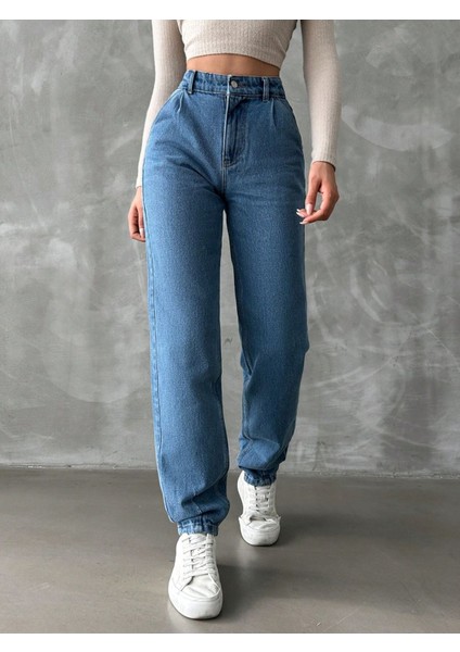 Denim Mom Jean Yüksel Bel Paça Pensli Pantolon - Mavi