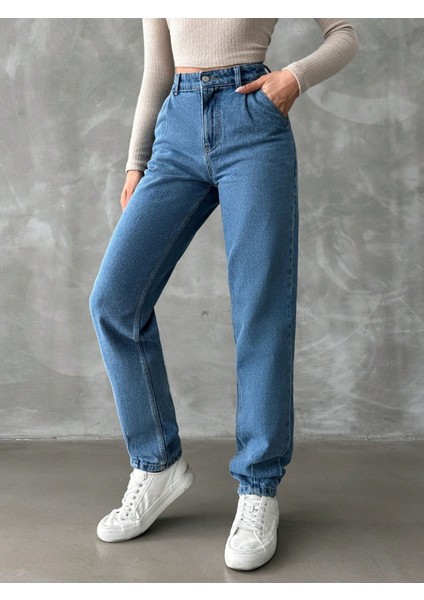 Denim Mom Jean Yüksel Bel Paça Pensli Pantolon - Mavi