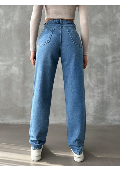 Denim Mom Jean Yüksel Bel Paça Pensli Pantolon - Mavi
