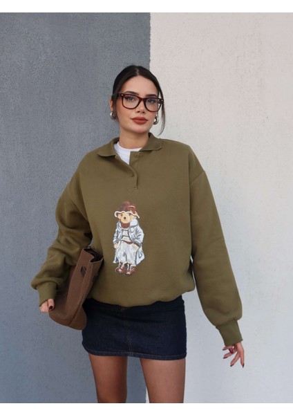 Polo Yaka Şardonlu Teddy Bear Sweat