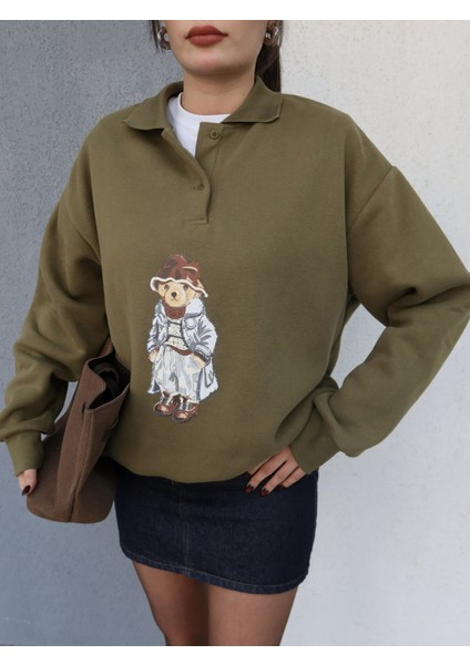 Polo Yaka Şardonlu Teddy Bear Sweat