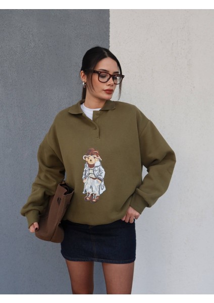 Polo Yaka Şardonlu Teddy Bear Sweat