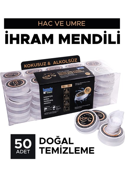 Ihram Için Doğal Temizleme Mendili, Hac - Umre Alkolsüz ve Kokusuz Helal Mendil 50 Adet