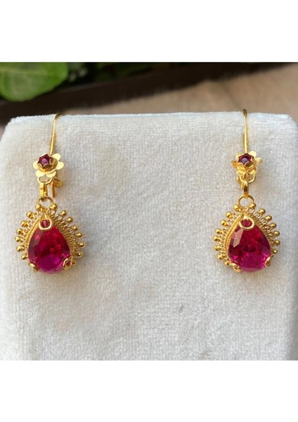 14 Ayar Altın Kırmızı Damla Küpe