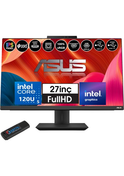 A5702WVARK Intel Ultra 5 120U 64GB Ddr5 256GB SSD Fhd 27" IPS Freedos All In One Bilgisayar WI58512B0DF16+ZETTAUSBBELLEK