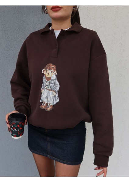 Polo Yaka Şardonlu Teddy Bear Sweat