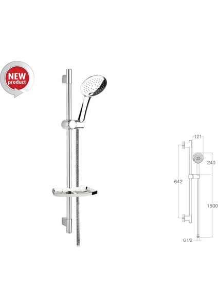 Sürgülü Duş Seti + Ø22MM Krom Kaplı + 3 Fonksiyonlu
