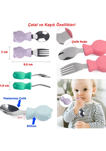 Silikon Beslenme Seti Vakumlu, Kapaklı Silikon Mama Tabağı, Kase, Önlük, Çatal-Kaşık, Bardak, Pipet, E.Kılıfı, Paslanmaz Çelik Çatal, Kaşık ve Saklama Kutusu / Pembe