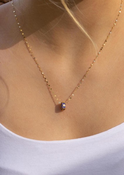 Altın Italyan Aynalı Lacivert Boncuklu Kafesli Kolye