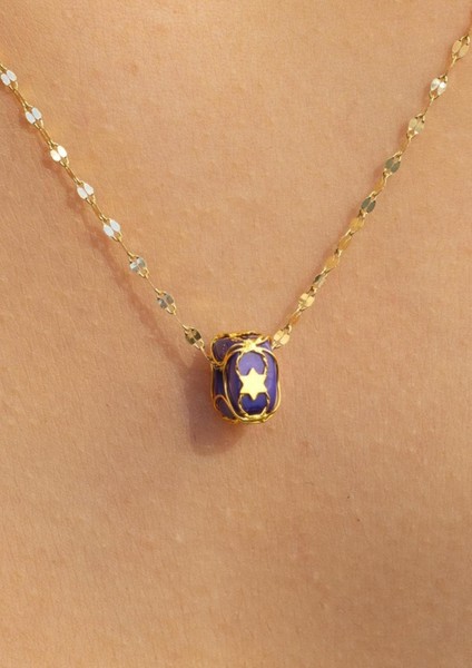 Altın Italyan Aynalı Lacivert Boncuklu Kafesli Kolye fiyatları