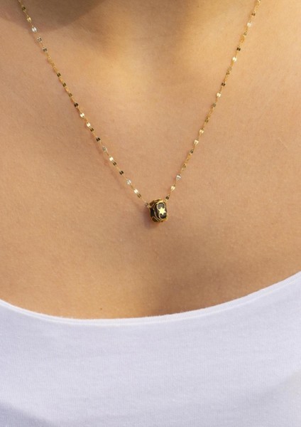 Altın Italyan Aynalı Siyah Boncuklu Kafesli Kolye