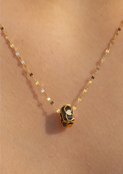 Altın Italyan Aynalı Siyah Boncuklu Kafesli Kolye modelleri