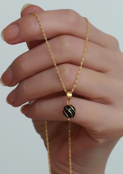 14 Ayar Altın Siyah Akik Kafesli Halat Kolye