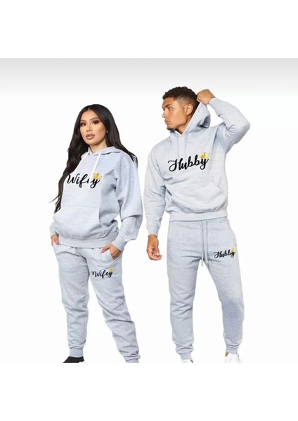 Büyük Beden Özel Tasarım Kapüşonlu Wifey Hubby Baskılı Kışlık Sevgili Kombini Eşofman Takımı.1 Adet Fiyatıdır
