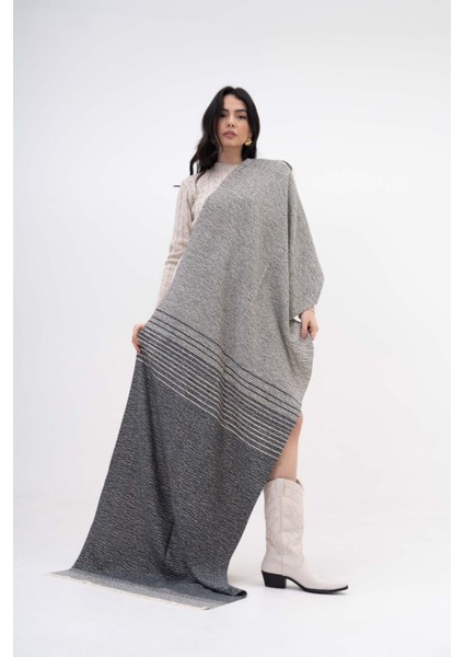 Ince Çizgili Desenli Kaşmir Viscose Gri-Krem Şal