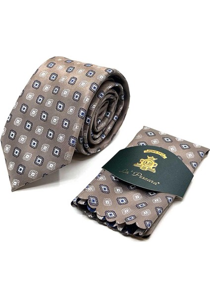 Bej Motif Desen Mendilli Klasik Kravat KK13087