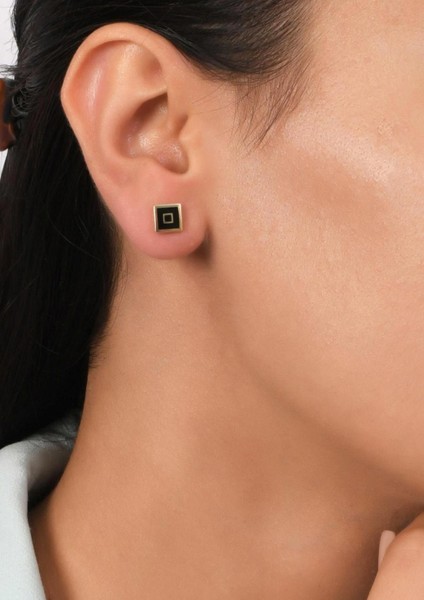 14 Ayar Altın Siyah Mineli Kare Küpe