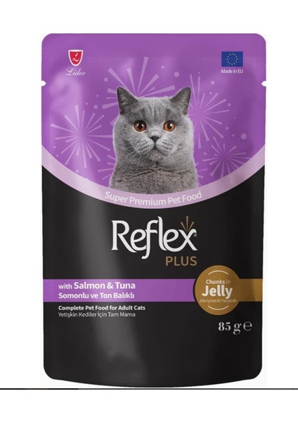 Jöle Içinde Et Parçacıklı Somonlu & Ton Balıklı Yetişkin Kedi Maması 85 gr (12 Adet)