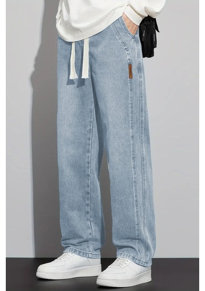 Erkek Buz Mavi Baggy Beli Lastikli Likralı Bol Kesim Esnek Jean Denim Kot Pantolon RF0484
