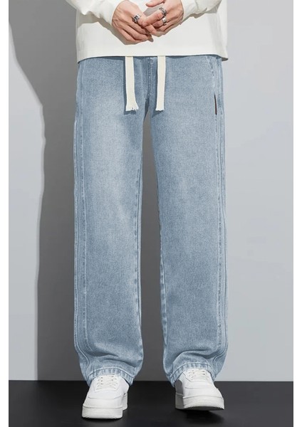 Erkek Buz Mavi Baggy Beli Lastikli Likralı Bol Kesim Esnek Jean Denim Kot Pantolon RF0484 fiyatları