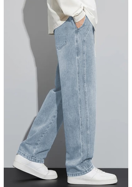 Erkek Buz Mavi Baggy Beli Lastikli Likralı Bol Kesim Esnek Jean Denim Kot Pantolon RF0484 fırsatları