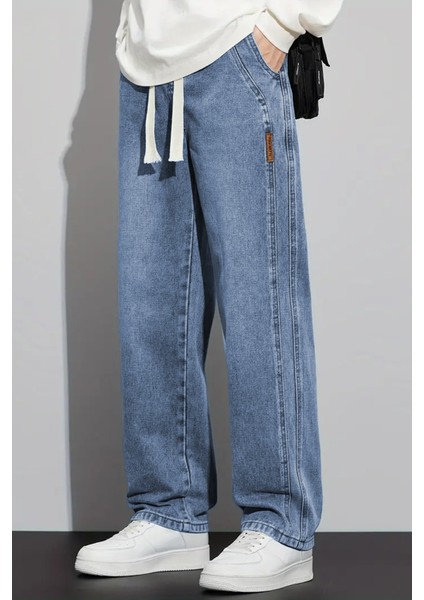 Erkek Mavi Baggy Beli Lastikli Likralı Düz Paça Bol Kesim Esnek Jean Denim Kot Pantolon RF0484