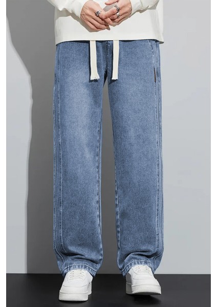 Erkek Mavi Baggy Beli Lastikli Likralı Düz Paça Bol Kesim Esnek Jean Denim Kot Pantolon RF0484 fiyatları