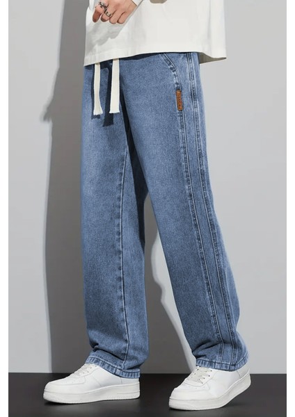Erkek Mavi Baggy Beli Lastikli Likralı Düz Paça Bol Kesim Esnek Jean Denim Kot Pantolon RF0484 modelleri